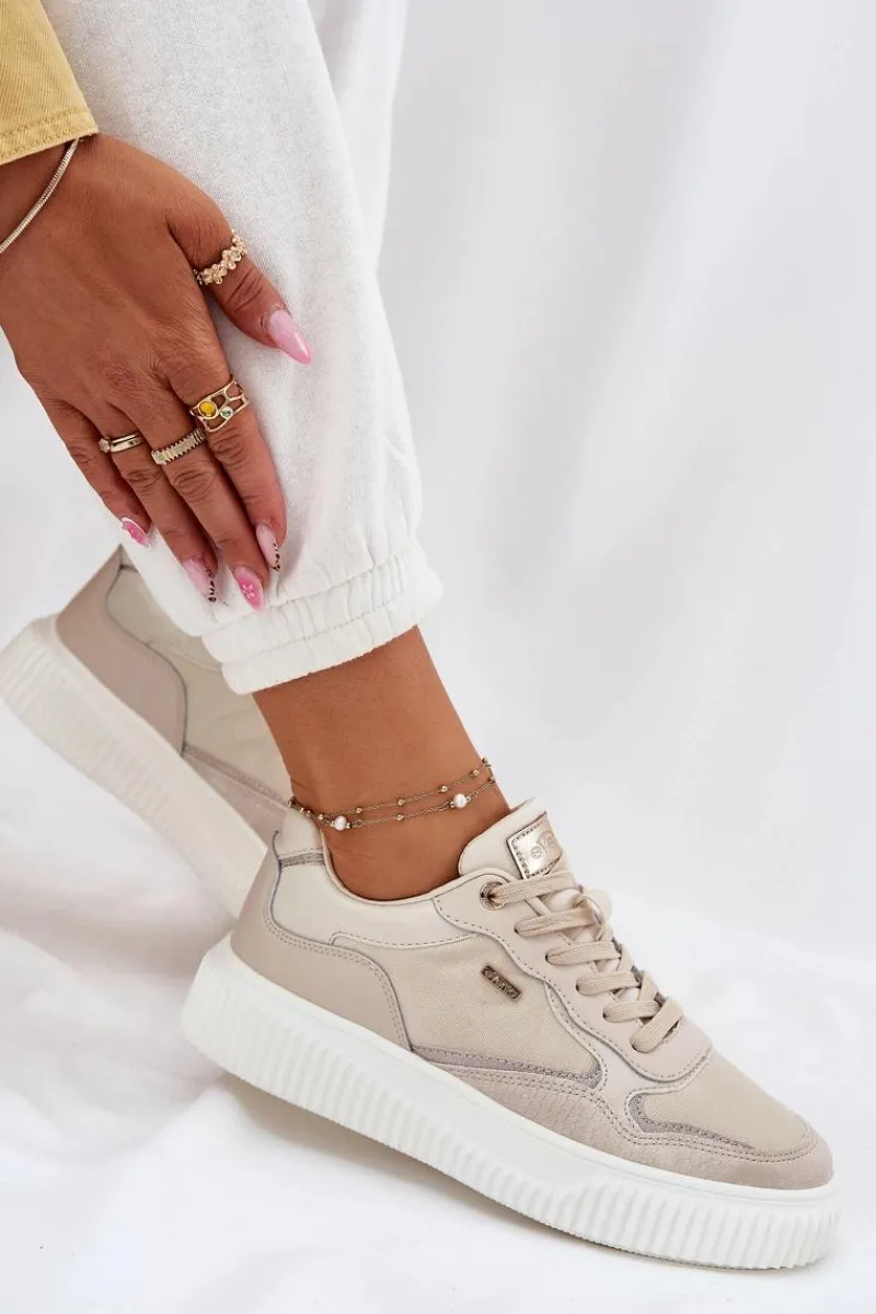 Best Evento Skórzane Sneakersy Damskie Na Platformie Beżowe Velarria