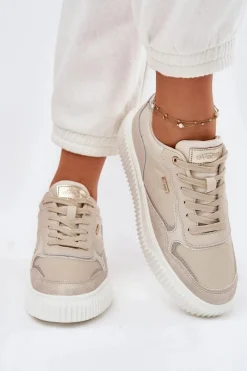 Best Evento Skórzane Sneakersy Damskie Na Platformie Beżowe Velarria