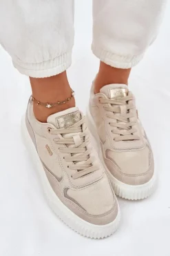 Best Evento Skórzane Sneakersy Damskie Na Platformie Beżowe Velarria