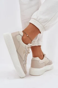 Best Evento Skórzane Sneakersy Damskie Na Platformie Beżowe Velarria