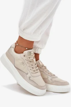 Best Evento Skórzane Sneakersy Damskie Na Platformie Beżowe Velarria