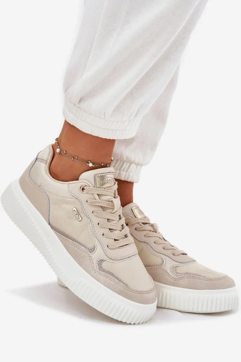 Best Evento Skórzane Sneakersy Damskie Na Platformie Beżowe Velarria