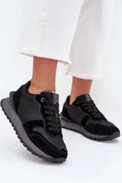 Buty Sportowe Big Star|Sneakersy Damskie>Big Star Shoes Skórzane Sneakersy Damskie Big Star OO274529 HI-POLY SYSTEM Czarne Czarny