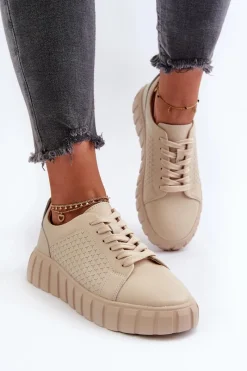 Outlet Skórzane Sneakersy Damskie Na Platformie Beżowe Eselmarie Damskie Buty Sportowe Na Platformie