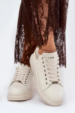 Outlet Skórzane Sneakersy Damskie Na Platformie RR2N4004 Beżowe Damskie Sneakersy Damskie