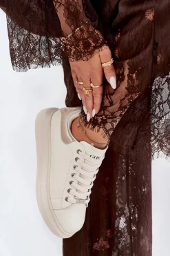 Outlet Skórzane Sneakersy Damskie Na Platformie RR2N4004 Beżowe Damskie Sneakersy Damskie