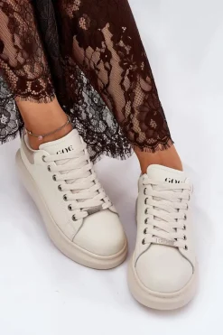 Outlet Skórzane Sneakersy Damskie Na Platformie RR2N4004 Beżowe Damskie Sneakersy Damskie