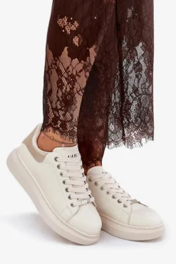 Outlet Skórzane Sneakersy Damskie Na Platformie RR2N4004 Beżowe Damskie Sneakersy Damskie