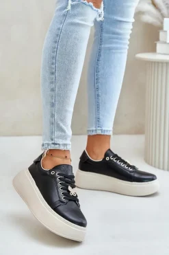 Sneakersy Damskie>Buty damskie Vinceza Skórzane Sneakersy Damskie Na Platformie Z Przypinką Vinceza 89101 Czarne