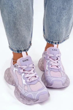 Sale GOE Skórzane Sneakersy Damskie RR2N4081 Fioletowe Fioletowy