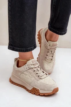 Online Skórzane Sneakersy Damskie Big Star OO274A315 Hi-Poly System Beżowe Damskie Buty Sportowe Big Star|Sneakersy Damskie