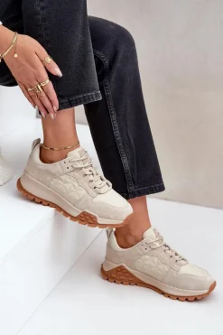 Online Skórzane Sneakersy Damskie Big Star OO274A315 Hi-Poly System Beżowe Damskie Buty Sportowe Big Star|Sneakersy Damskie