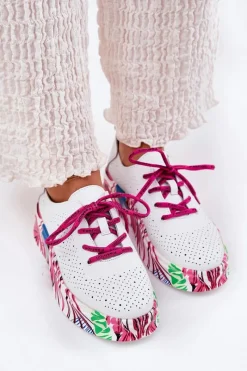 Sneakersy Damskie>Buty damskie Vinceza Skórzane Sneakersy Damskie Na Wzorzystej Platformie Vinceza 88017 Białe