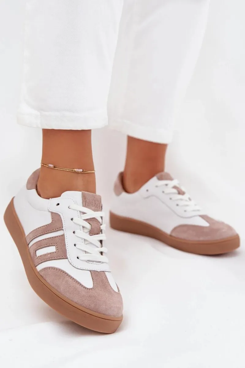 Sale Skórzane Sneakersy Damskie Vinceza 79557 Biało-Beżowe Damskie Sneakersy Damskie