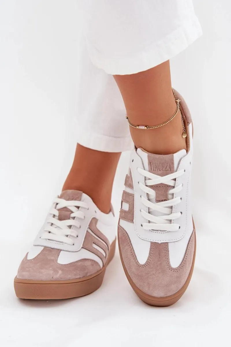 Sale Skórzane Sneakersy Damskie Vinceza 79557 Biało-Beżowe Damskie Sneakersy Damskie