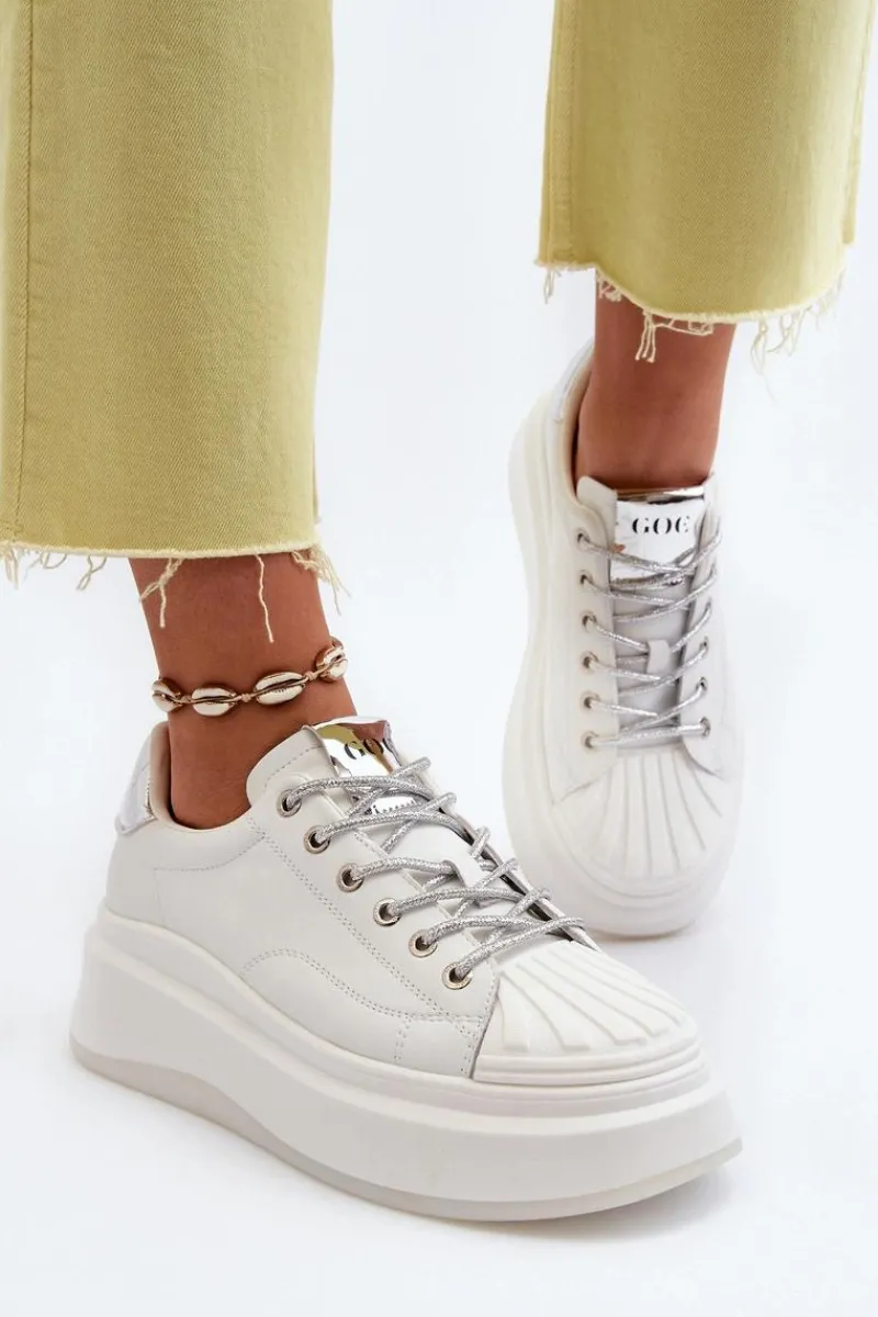 New GOE Skórzane Sneakersy Damskie Na Platformie NN2N4033 Białe