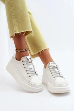 New GOE Skórzane Sneakersy Damskie Na Platformie NN2N4033 Białe