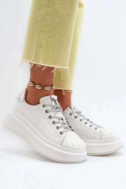 New GOE Skórzane Sneakersy Damskie Na Platformie NN2N4033 Białe