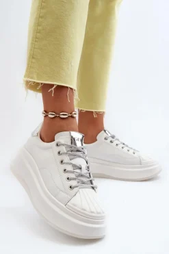 New GOE Skórzane Sneakersy Damskie Na Platformie NN2N4033 Białe