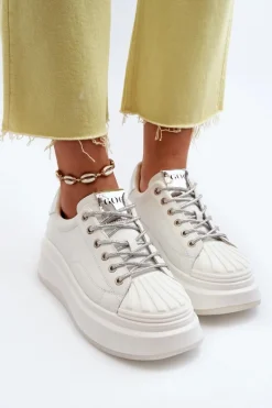 New GOE Skórzane Sneakersy Damskie Na Platformie NN2N4033 Białe
