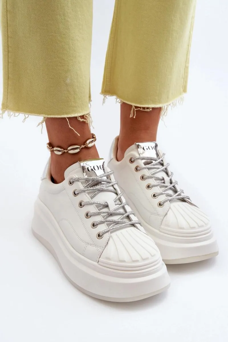 New GOE Skórzane Sneakersy Damskie Na Platformie NN2N4033 Białe
