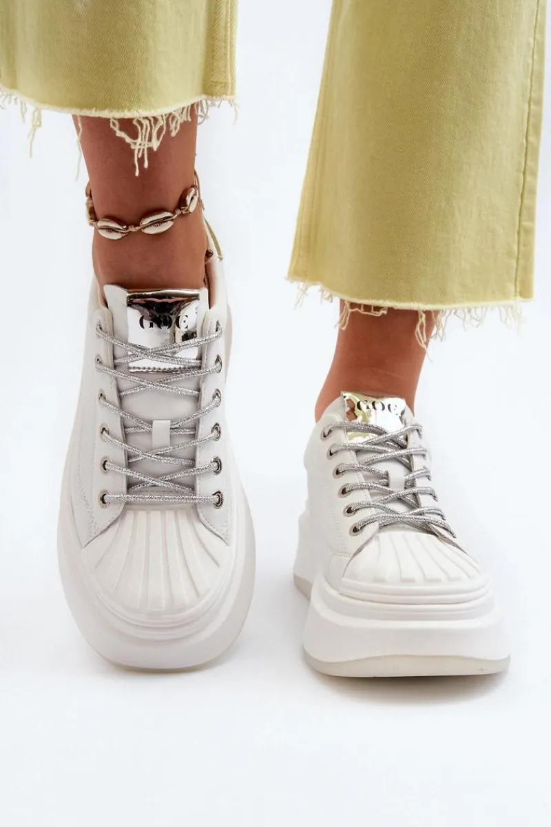 New GOE Skórzane Sneakersy Damskie Na Platformie NN2N4033 Białe