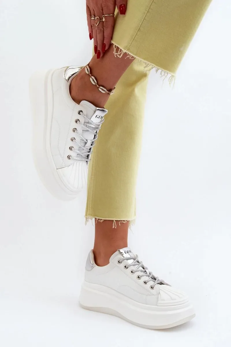 New GOE Skórzane Sneakersy Damskie Na Platformie NN2N4033 Białe