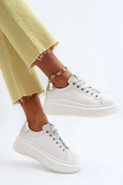 New GOE Skórzane Sneakersy Damskie Na Platformie NN2N4033 Białe