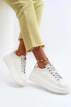 New GOE Skórzane Sneakersy Damskie Na Platformie NN2N4033 Białe