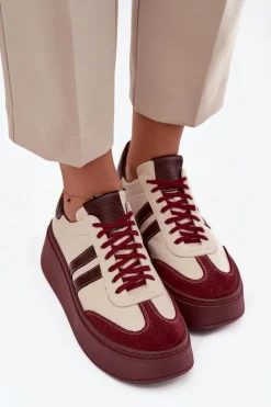 Discount Skórzane Sneakersy Damskie Na Platformie 3775 Beżowo-Bordowe Damskie Buty Sportowe Na Platformie|Sneakersy Damskie
