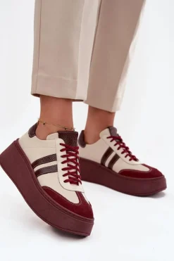 Discount Skórzane Sneakersy Damskie Na Platformie 3775 Beżowo-Bordowe Damskie Buty Sportowe Na Platformie|Sneakersy Damskie