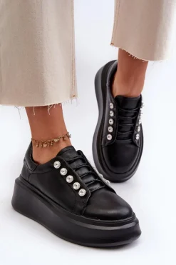 Best Damskie buty S.Barski Skórzane Sneakersy Damskie Na Masywnej Platformie Czarne S.Barski LR628