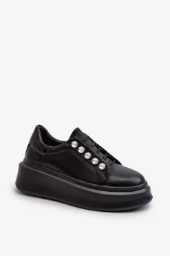 Best Damskie buty S.Barski Skórzane Sneakersy Damskie Na Masywnej Platformie Czarne S.Barski LR628