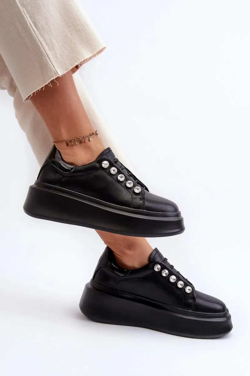 Best Damskie buty S.Barski Skórzane Sneakersy Damskie Na Masywnej Platformie Czarne S.Barski LR628