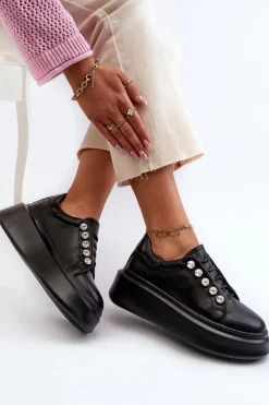 Best Damskie buty S.Barski Skórzane Sneakersy Damskie Na Masywnej Platformie Czarne S.Barski LR628