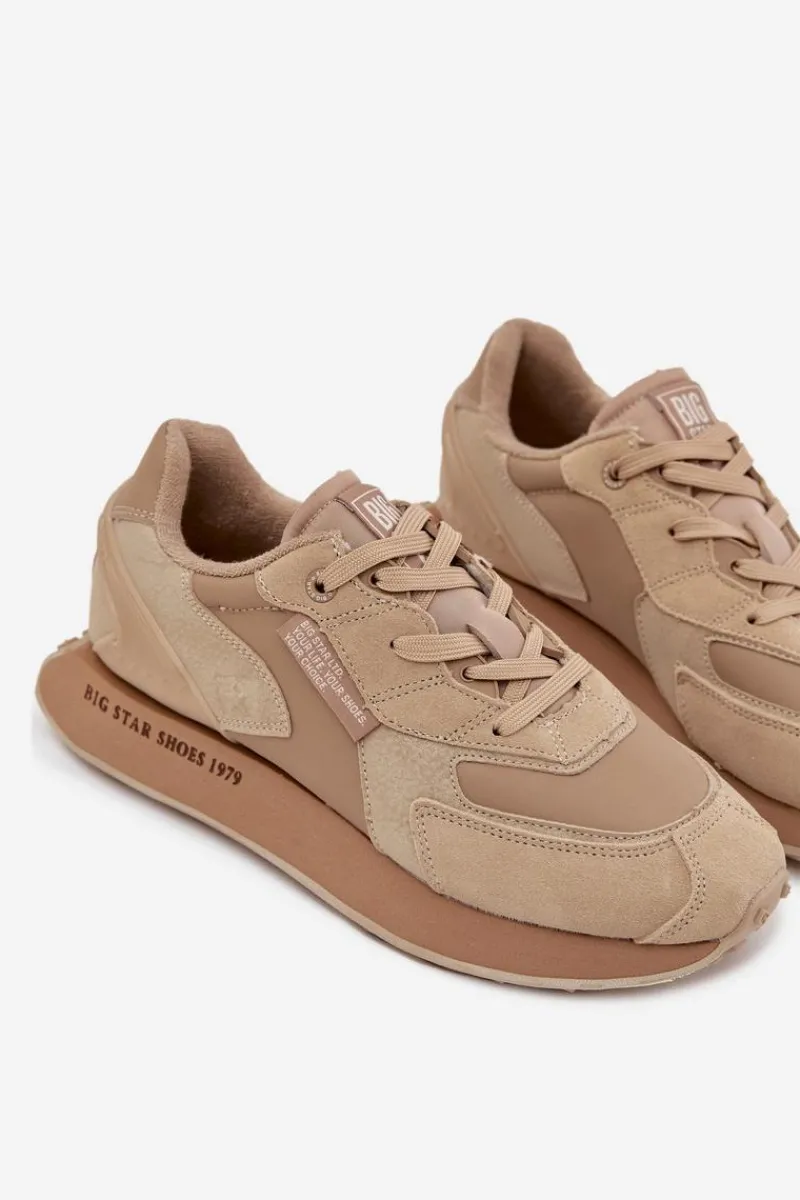 Best Skórzane Sneakersy Męskie Big Star OO174298 Hi-Poly System Beżowe Męskie Obuwie Sportowe Męskie