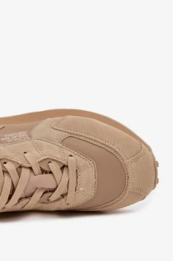 Best Skórzane Sneakersy Męskie Big Star OO174298 Hi-Poly System Beżowe Męskie Obuwie Sportowe Męskie