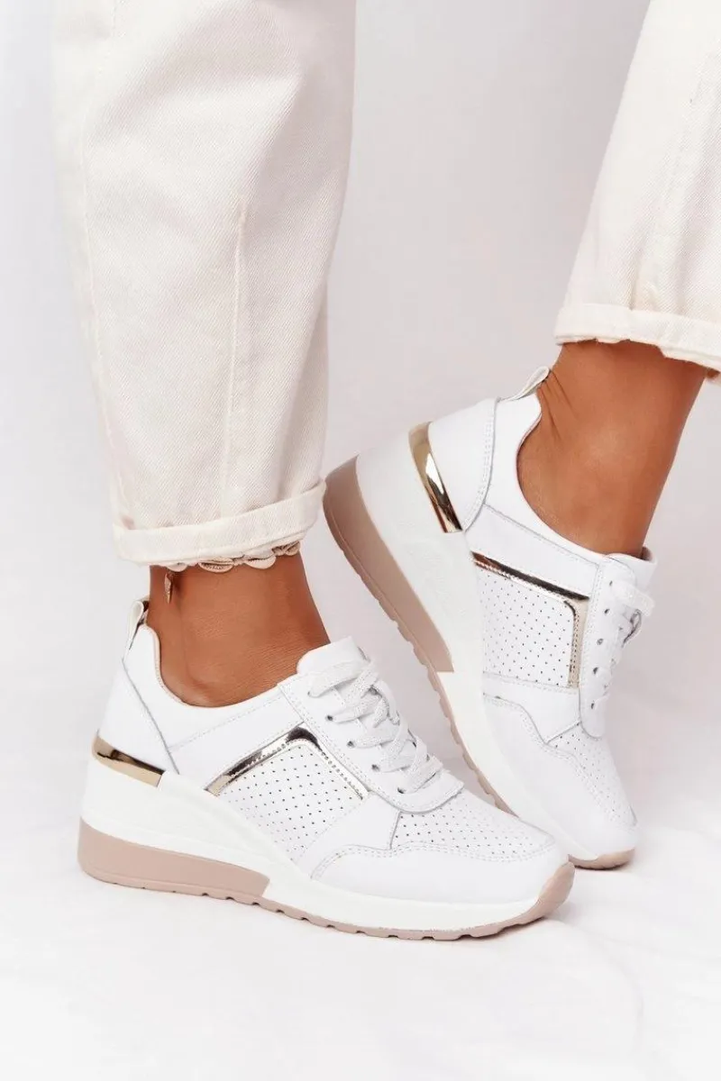 Discount Skórzane Sneakersy Na Koturnie S.Barski Białe Damskie Sneakersy Damskie