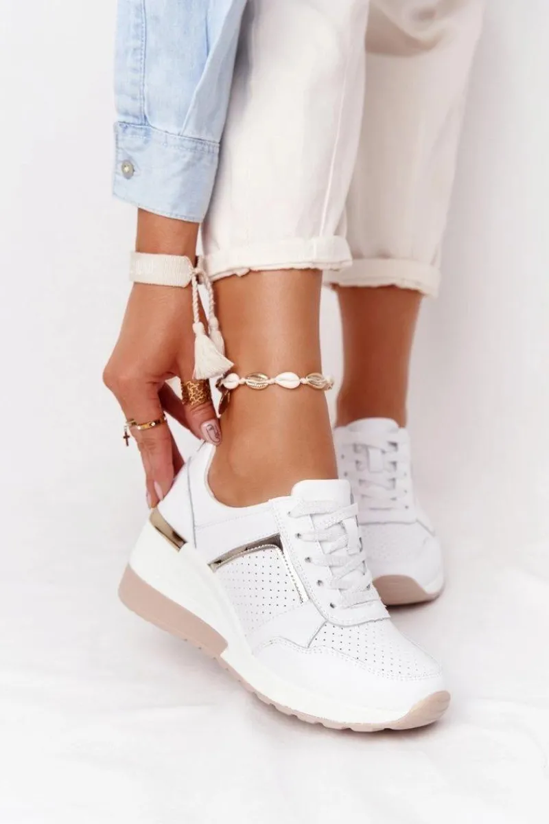 Discount Skórzane Sneakersy Na Koturnie S.Barski Białe Damskie Sneakersy Damskie