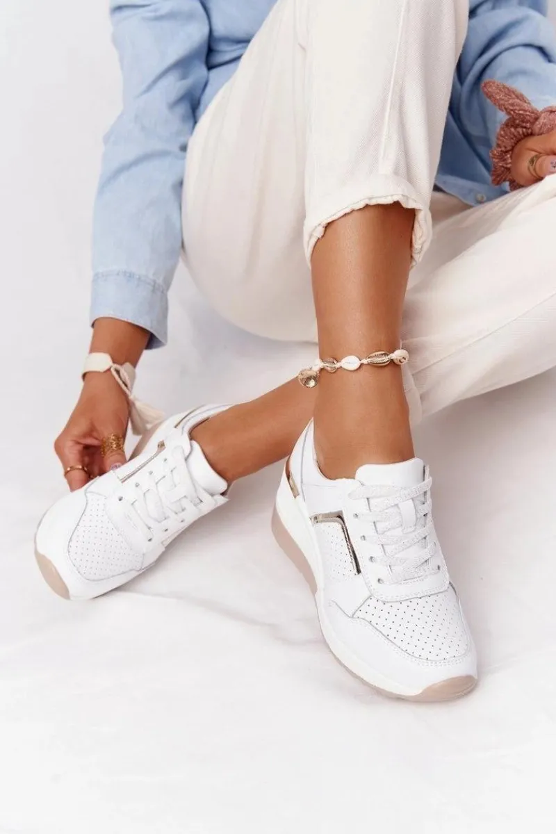 Discount Skórzane Sneakersy Na Koturnie S.Barski Białe Damskie Sneakersy Damskie