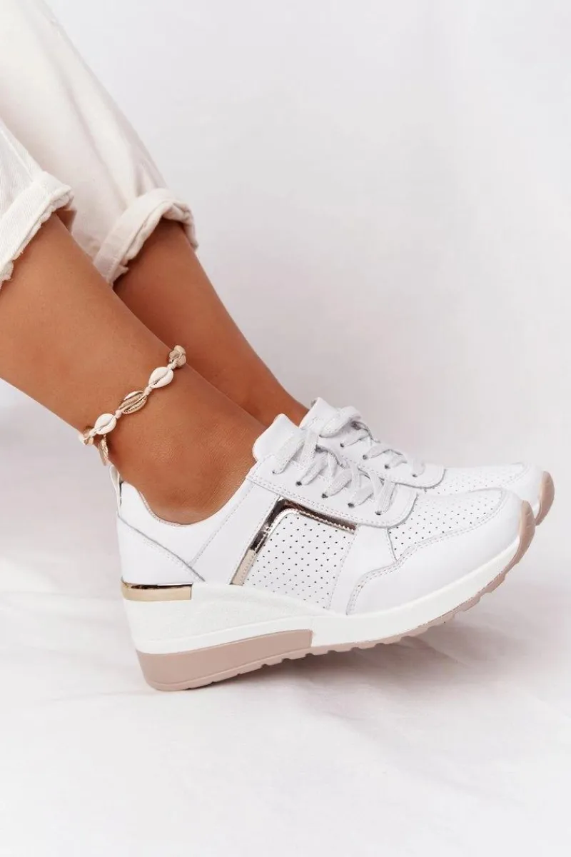 Discount Skórzane Sneakersy Na Koturnie S.Barski Białe Damskie Sneakersy Damskie