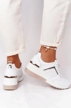 Discount Skórzane Sneakersy Na Koturnie S.Barski Białe Damskie Sneakersy Damskie