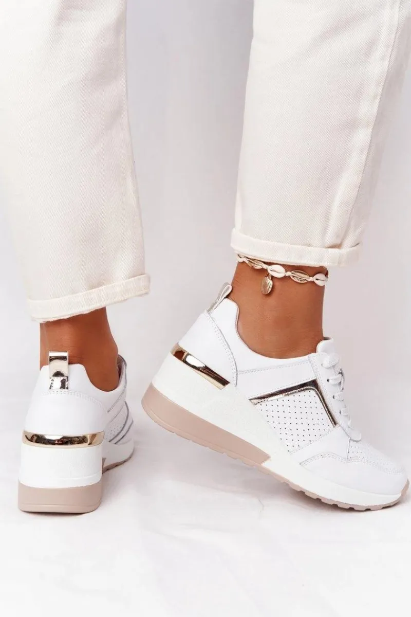 Discount Skórzane Sneakersy Na Koturnie S.Barski Białe Damskie Sneakersy Damskie