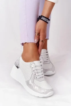 Best Damskie buty S.Barski Skórzane Sneakersy Na Koturnie S.Barski Biało-Srebrne