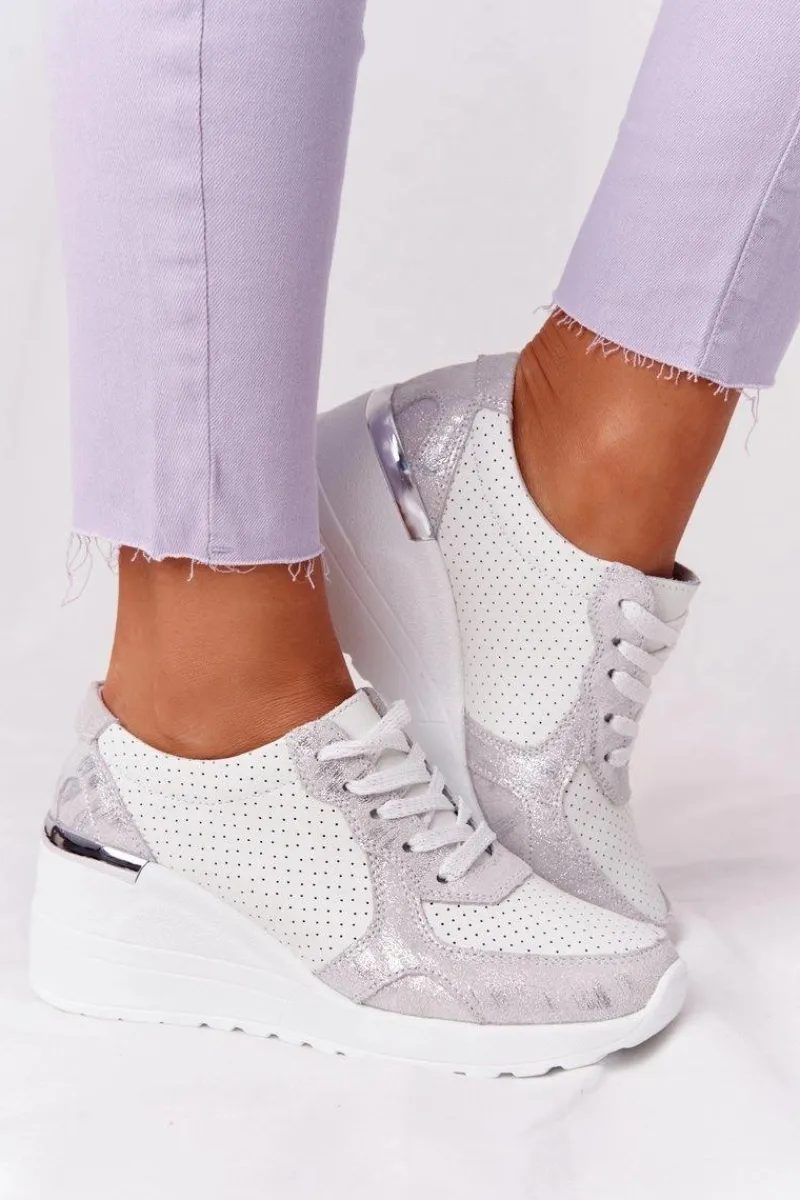 Best Damskie buty S.Barski Skórzane Sneakersy Na Koturnie S.Barski Biało-Srebrne