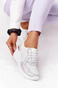 Best Damskie buty S.Barski Skórzane Sneakersy Na Koturnie S.Barski Biało-Srebrne