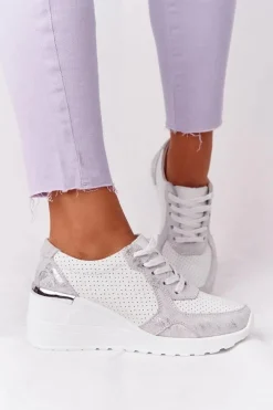 Best Damskie buty S.Barski Skórzane Sneakersy Na Koturnie S.Barski Biało-Srebrne