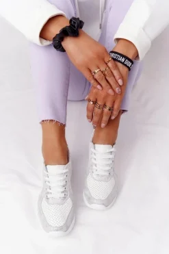 Best Damskie buty S.Barski Skórzane Sneakersy Na Koturnie S.Barski Biało-Srebrne