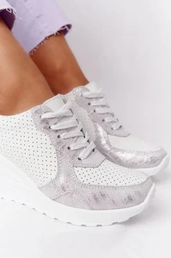 Best Damskie buty S.Barski Skórzane Sneakersy Na Koturnie S.Barski Biało-Srebrne