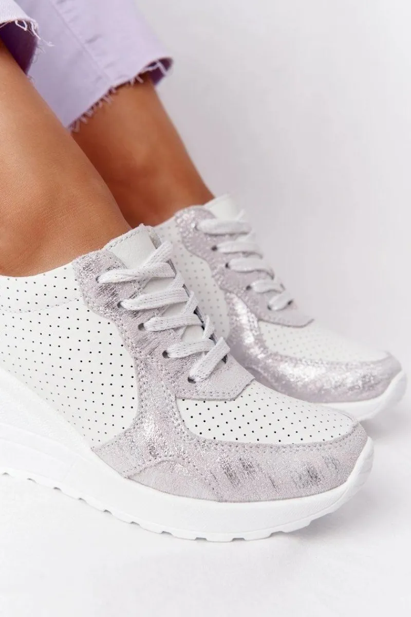 Best Damskie buty S.Barski Skórzane Sneakersy Na Koturnie S.Barski Biało-Srebrne